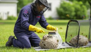 Professional European hornet technician safely handles a removed nest on the ground while wearing full protective gear for controlled removal.
