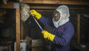Professional wasp technician removes a hornet nest from a residential attic using proper tools while wearing full protective gear for safe and precise removal.