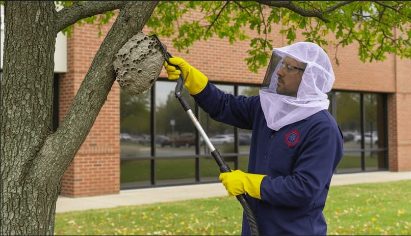Professional wasp technician removes a hornet nest from a tree using proper tools while wearing full protective gear for safe and precise outdoor removal.